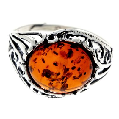 925 Sterling Silver & Genuine Oval Baltic Amber Classic Ring - AR3 - Cognac