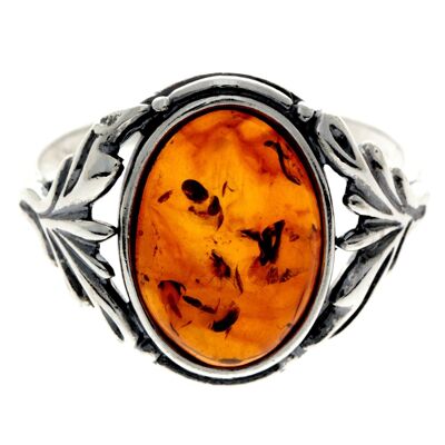 925 Sterling Silver & Genuine Baltic Amber Classic Oval Ring - AR1