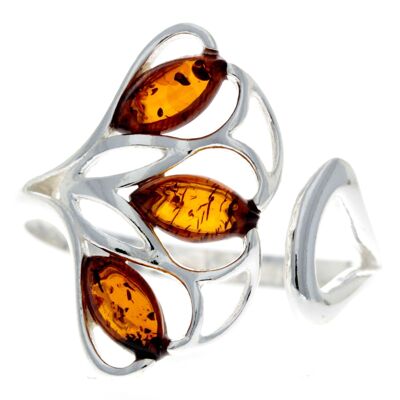 Bague moderne ajustable en argent sterling 925 et véritable ambre de la Baltique - GL716