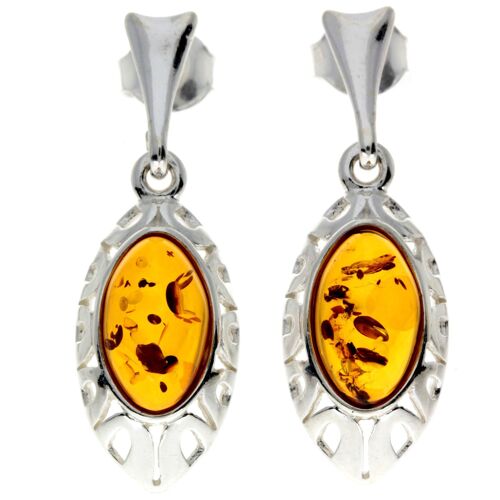 925 Sterling Silver & Baltic Amber Drop Modern Earrings - GL191