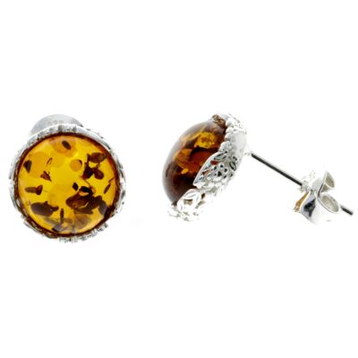 Boucles d'oreilles rondes classiques en argent sterling 925 et véritable ambre de la Baltique - M649