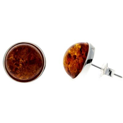 925 Sterling Silver & Genuine Baltic Amber Classic Round Studs Earrings various sizes - GL189 - Cognac