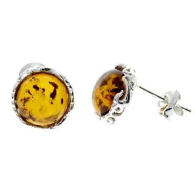 925 Sterling Silver & Genuine Baltic Amber Classic Round Studs Earrings - M648