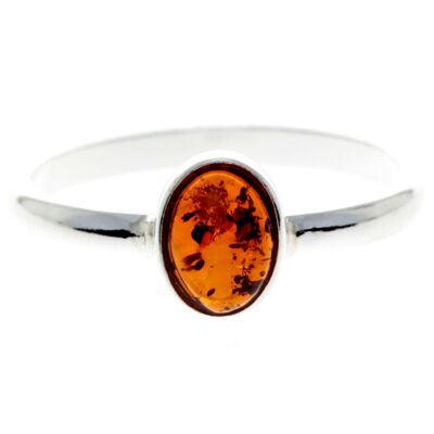 925 Sterling Silver & Baltic Amber Round Classic Ring - 7481 - Cognac