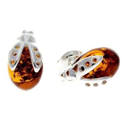 Orecchini a bottone con coccinella in argento sterling 925 e ambra baltica genuina - GL1000