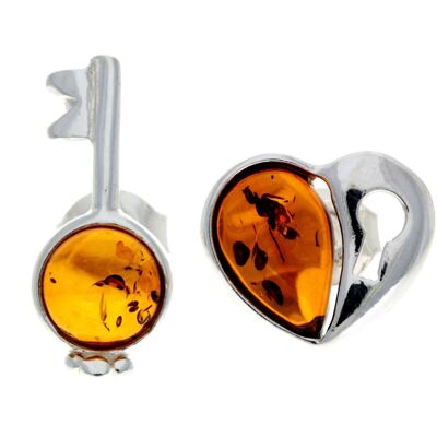 925 Sterling Silver & Baltic Amber Key & Heart Studs Earrings - GL195