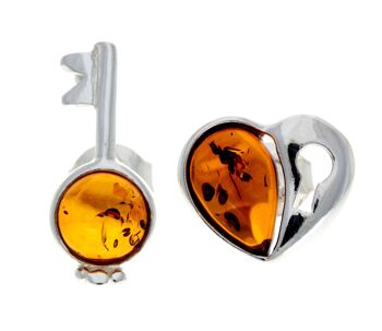 Boucles d'oreilles Clé & Coeur en Argent Sterling 925 & Ambre de la Baltique - GL195 1