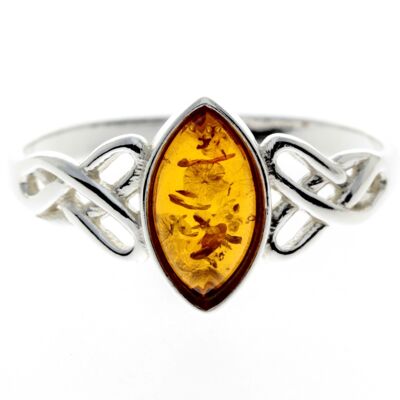925 Sterling Silver & Genuine Baltic Amber Celtic Ring - M729 - Cognac