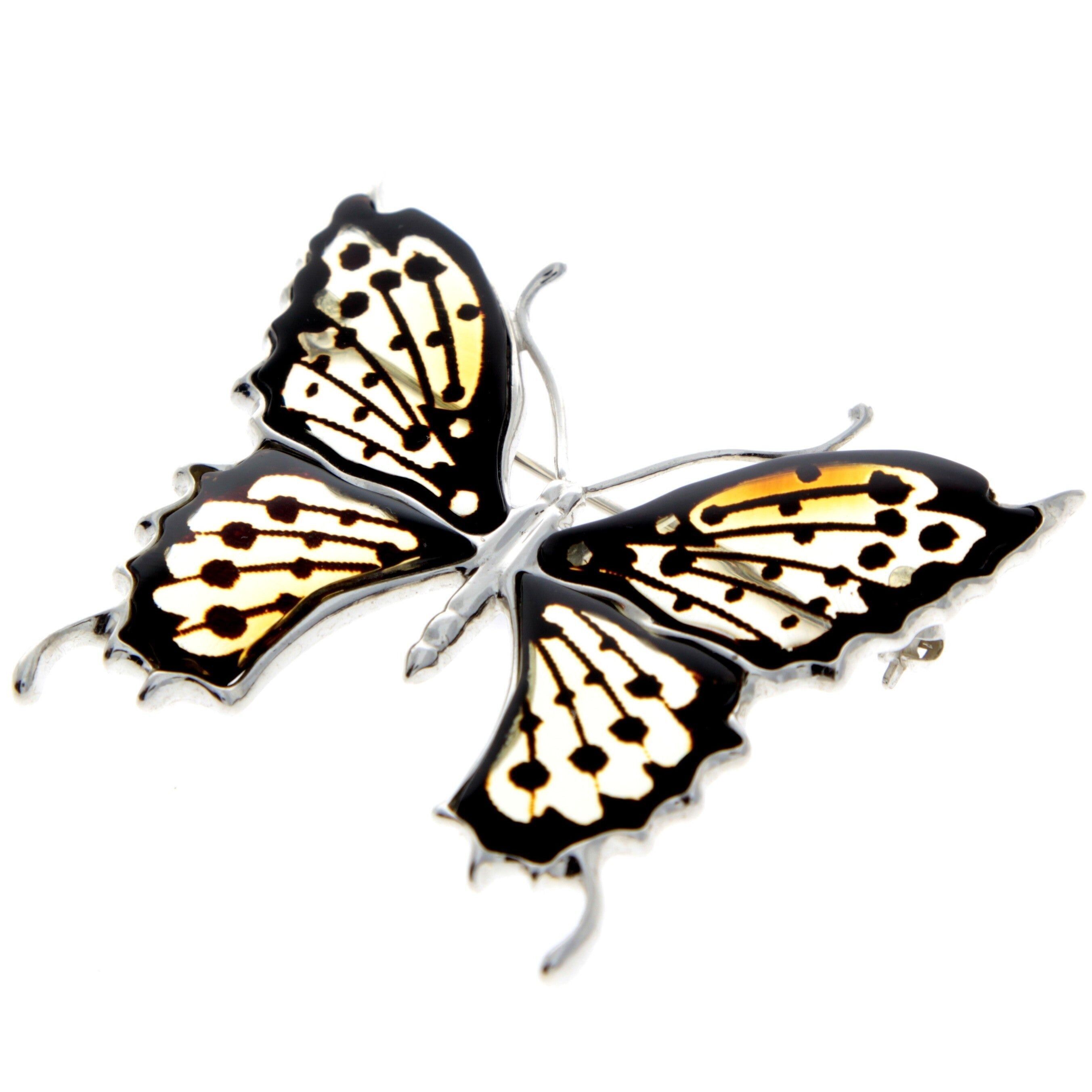 Massive Brosche mit Lasergravur aus 925er Sterlingsilber und echtem Baltischem Bernstein Cognac – AF801EB