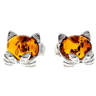 Boucles d'oreilles en argent sterling 925 et ambre de la Baltique avec des chats mignons - GL192