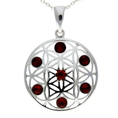 925 Sterling Silver Flower of Life Pendant set with Genuine Baltic Amber Gemstones - GL365