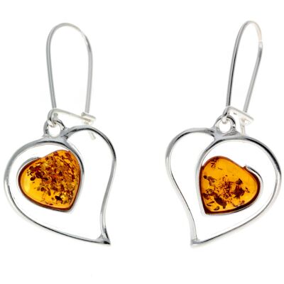 Boucles d'oreilles grands cœurs en argent sterling 925 et ambre véritable de la Baltique - GL127