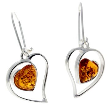 Boucles d'oreilles grands cœurs en argent sterling 925 et ambre véritable de la Baltique - GL127 4