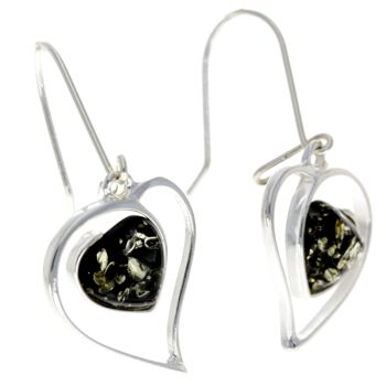 Boucles d'oreilles grands cœurs en argent sterling 925 et ambre véritable de la Baltique - GL127 8