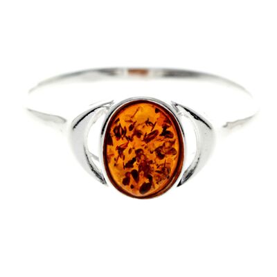 925 Sterling Silver & Oval Genuine Baltic Amber Classic Ring - 7265 - Cognac