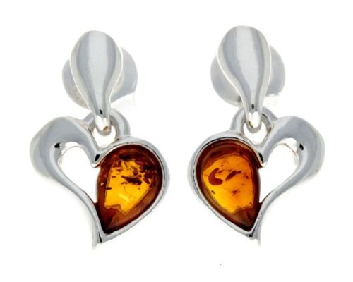 925 Sterling Silver & Baltic Amber Drop Hearts Earrings - GL154