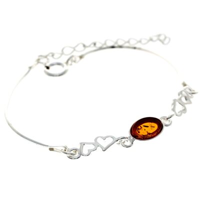 Bracciale regolabile in argento sterling 925 e ambra baltica con cuori in argento - M560