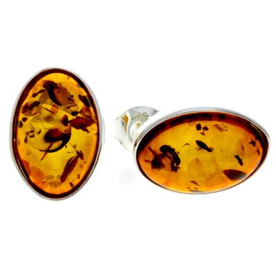 Boucles d'oreilles à clous classiques en argent sterling 925 et ambre baltique ovale - M646
