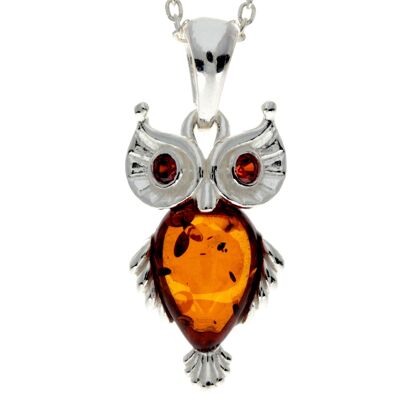 925 Sterling Silver & Baltic Amber Modern Owl Pendant - GL2023