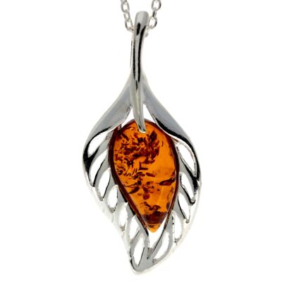 Pendentif design moderne en argent sterling 925 et ambre de la Baltique - GL2013