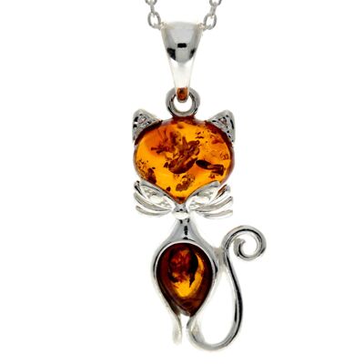 Pendentif chat moderne en argent sterling 925 et ambre de la Baltique - GL2011