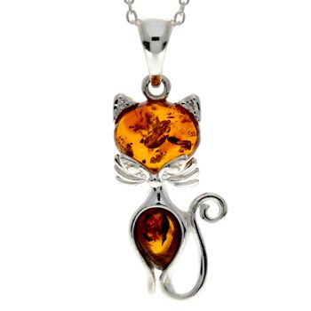 Pendentif chat moderne en argent sterling 925 et ambre de la Baltique - GL2011 1