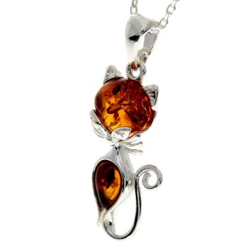 Pendentif chat moderne en argent sterling 925 et ambre de la Baltique - GL2011 2