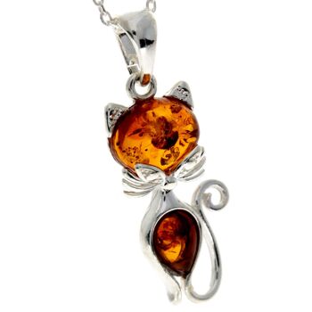 Pendentif chat moderne en argent sterling 925 et ambre de la Baltique - GL2011 4