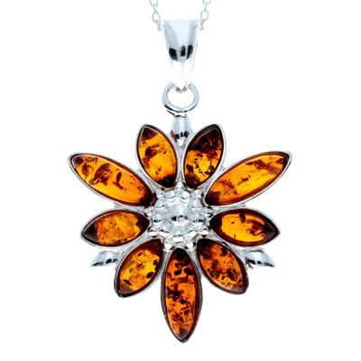 925 Sterling Silver & Baltic Amber Modern Designer Flower Pendant - 318C