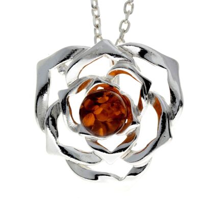 Ciondolo rosa di design moderno in argento sterling 925 e ambra baltica - 670