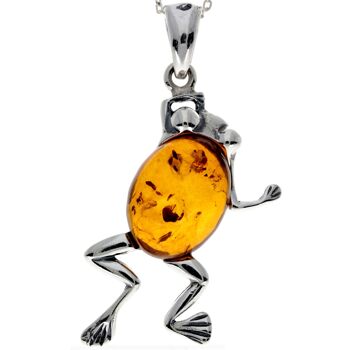 Pendentif grenouille moderne en argent sterling 925 et ambre de la Baltique - 1862V 1