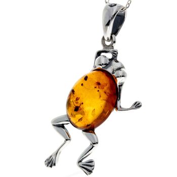 Pendentif grenouille moderne en argent sterling 925 et ambre de la Baltique - 1862V 2