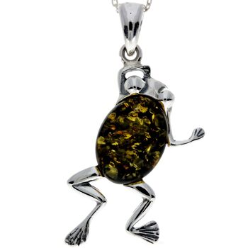 Pendentif grenouille moderne en argent sterling 925 et ambre de la Baltique - 1862V 5