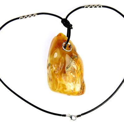 Genuine Massive Natural Amber Gemstone leather cord Luxurious necklace - NE0083