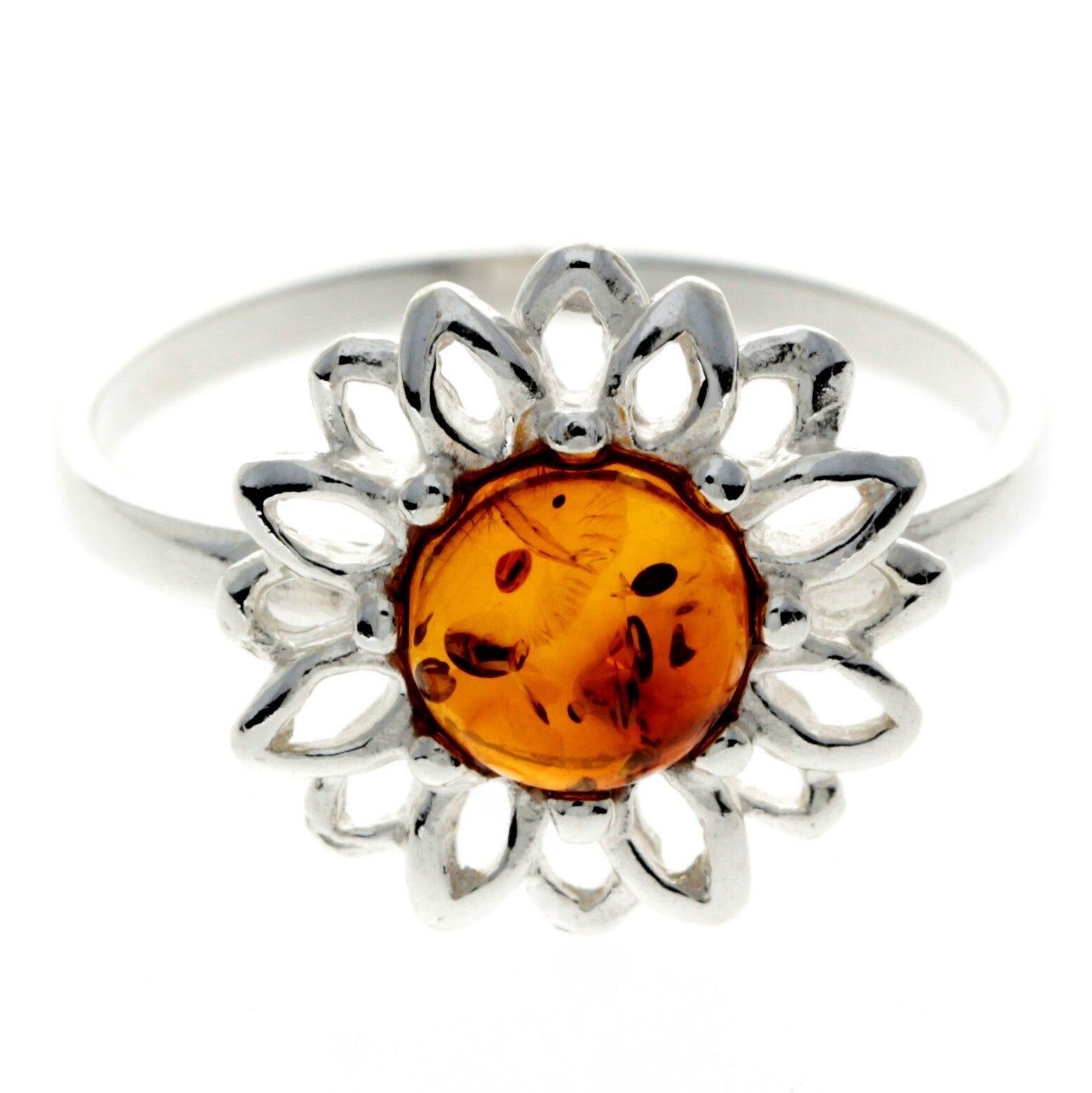 Moderner Sonnenblumen-Designerring aus 925er Sterlingsilber und baltischem Bernstein – GL734
