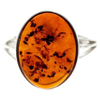 Bague de créateur classique en argent sterling 925 et véritable ambre de la Baltique - 7504 11