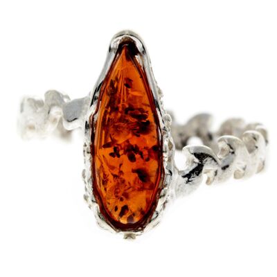 Bague de créateur moderne en argent sterling 925 et ambre de la Baltique - G401 - Cognac