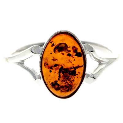 925 Sterling Silver & Baltic Amber Classic Designer Ring - 7108 - Cognac