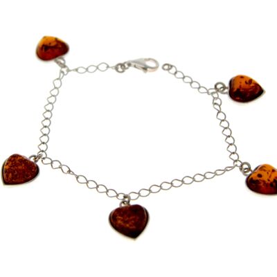 925 Sterling Silver & Baltic Amber Adjustable Hearts Link Bracelet - GL538