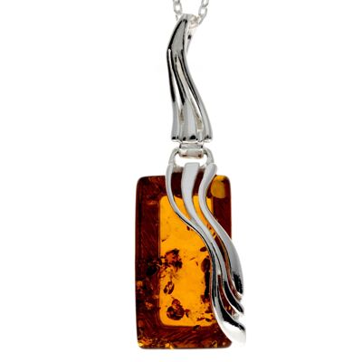 925 Sterling Silver & Genuine Baltic Amber Rectangular Modern Pendant - GL253B