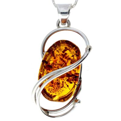 925 Sterling Silver & Genuine Cognac Baltic Amber Exlusive Unique Pendant - PD2183