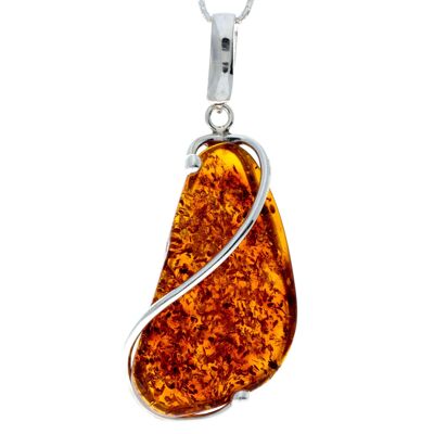 925 Sterling Silver & Genuine Cognac Baltic Amber Exlusive Unique Pendant - PD2181