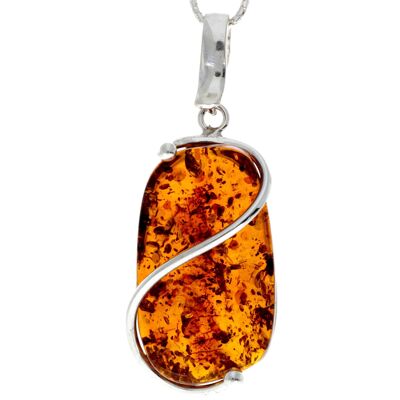 925 Sterling Silver & Genuine Cognac Baltic Amber Exlusive Unique Pendant - PD2178