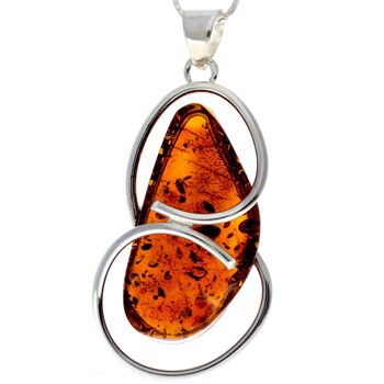 Pendentif unique exclusif en argent sterling 925 et cognac véritable en ambre de la Baltique - PD2177 1