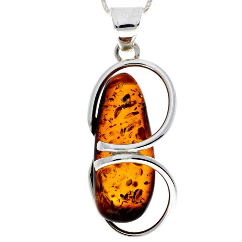 925 Sterling Silver & Genuine Cognac Baltic Amber Exlusive Unique Pendant - PD2176