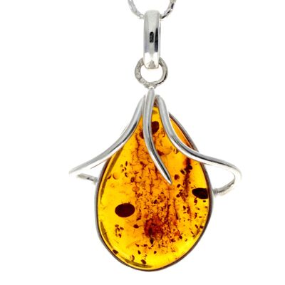 925 Sterling Silver & Genuine Cognac Baltic Amber Exlusive Unique Pendant - PD2170