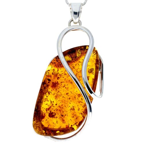 925 Sterling Silver & Genuine Cognac Baltic Amber Exlusive Unique Pendant - PD2161