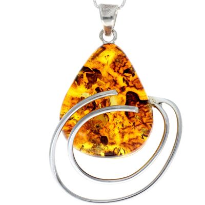 925 Sterling Silver & Genuine Cognac Baltic Amber Exlusive Unique Pendant - PD2159