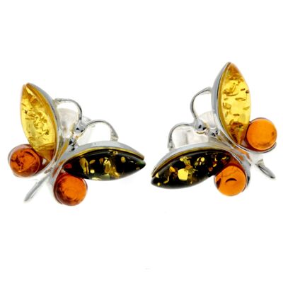 Boucles d'oreilles clous papillon en argent sterling 925 et ambre de la Baltique - 8494