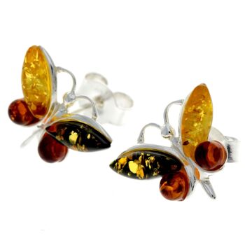 Boucles d'oreilles clous papillon en argent sterling 925 et ambre de la Baltique - 8494 2